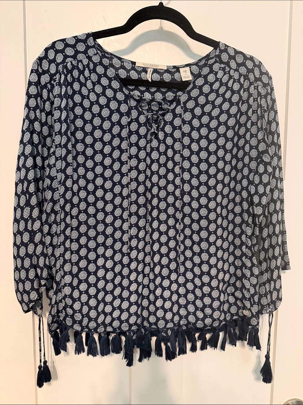 Scotch and Soda Boho Tassel-Hem Navy Printed Peasant Blouse